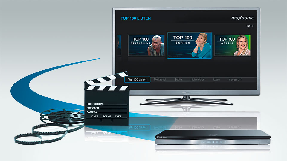 Im Smart-Hub auf Smart-TVs von Samsung steht die Maxdome-Videothek an vorderster Stelle. (Bild: Hersteller)