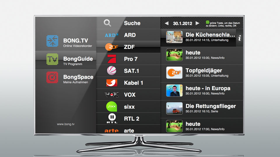 Die App von Bong.TV macht Fernsehmittschnitte am Samsung-TV abrufbar.