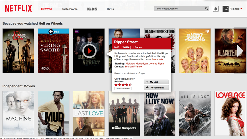 Auf der Netflix-Startseite werden jede Menge Filme und Serien aufgrund von Titeln empfohlen, die man zuvor bewertet oder gesehen hat.