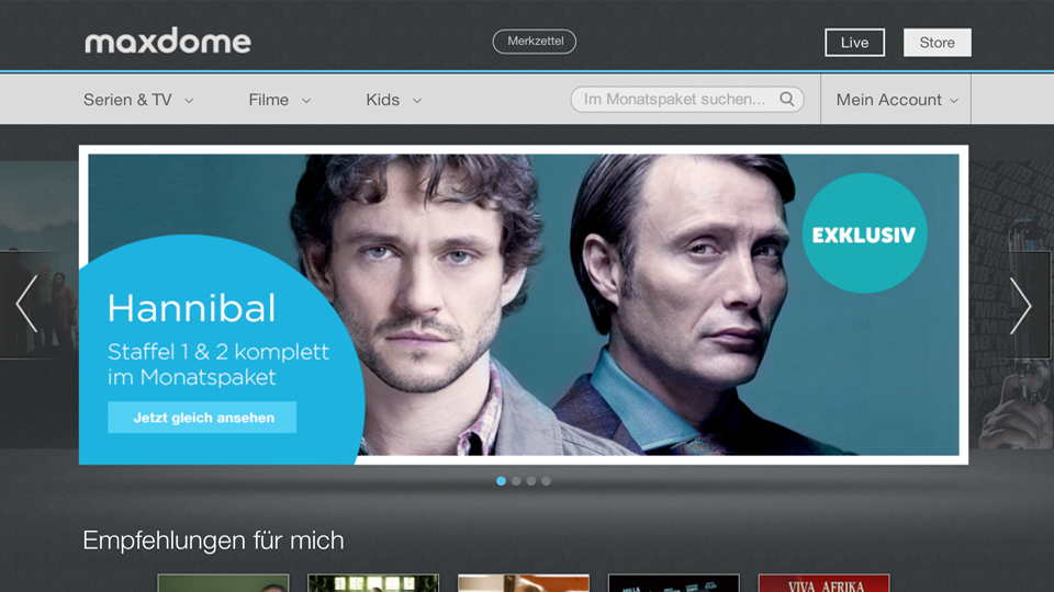 Maxdome war die erste Onlinevideothek mit Aboangebot in Deutschland. Kürzlich wurde das Angebot aufgehübscht und klarer strukturiert. Dabei wurden die Inhalte im Maxdome-Flatratepaket von den übrigen Leih- und Kauf-Filmen getrennt.