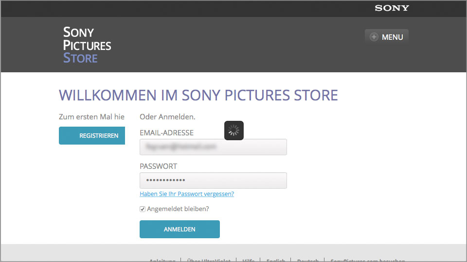 Erster Versuch: Anmeldung auf der Sony-Seite, um den Film freizuschalten.