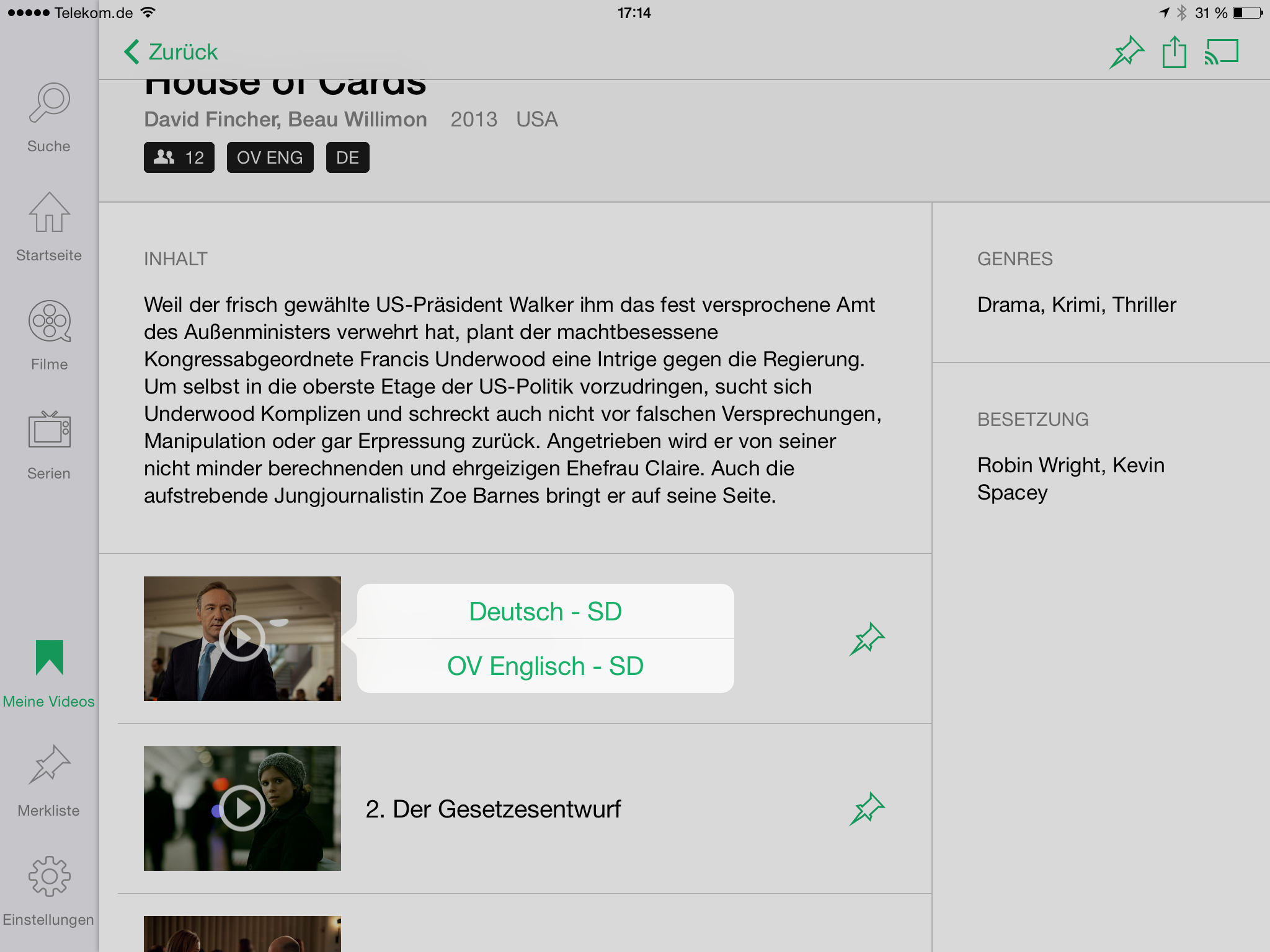 Tablet-Stream: In der iPad-App lassen sich Filme und Serien nur in SD starten und anschauen.