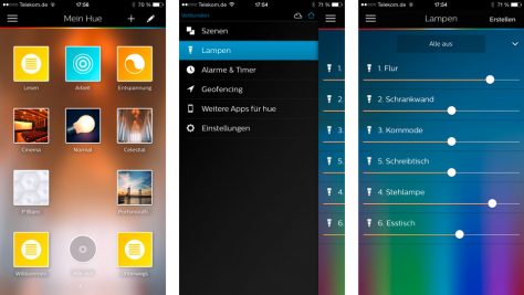 Die Hue-App zeigt Lichtszenen auf der Startseite, weitere Einstellungen im Menü dahinter.