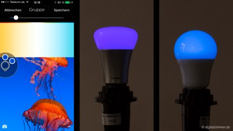 Sattes Blau gibt die Hue-Lampe eher Violett wieder. Lightify zeigt, wie's besser wäre.