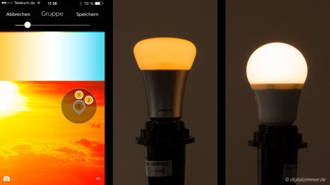 Bei Orange hat Hue die Nase vorn. Der Farbton der Lightify-Lampe (rechts) wirkt in der Realität aber nicht ganz so ausgewaschen wie auf dem Bild.