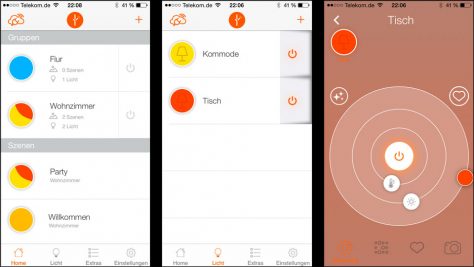 Gruppen, Szenen und Lichter in der Lightify-App. Für Helligkeit und Farbe gibt es Kreisregler.