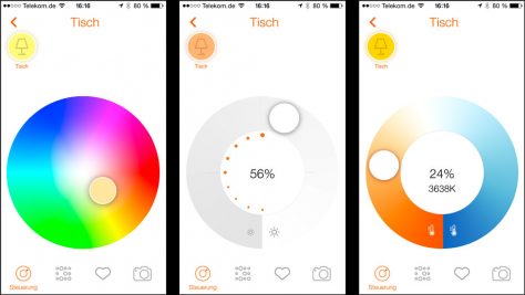 Farbe, Helligkeit, und die Wahl zwischen Warm- und Kaltweiß (rechts) sind gut einstellbar.