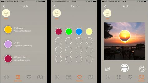 Neben Presets (links) gibt es Speicherplätze für eigene Favoriten und die Farbauswahl per Foto.