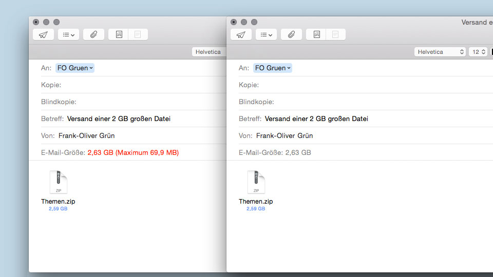 Mailversand (fast) ohne Volumenbeschränkung: Anhänge dürfen bis zu 5 GB groß sein.