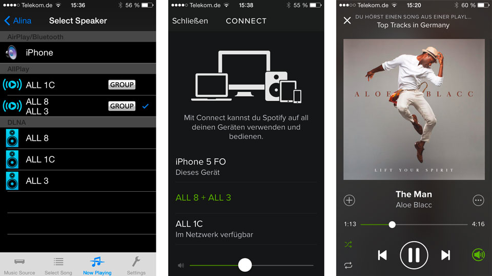 Die Hersteller-App (links) dient auch zum Gruppieren von Lautsprechern, etwa für Spotify.