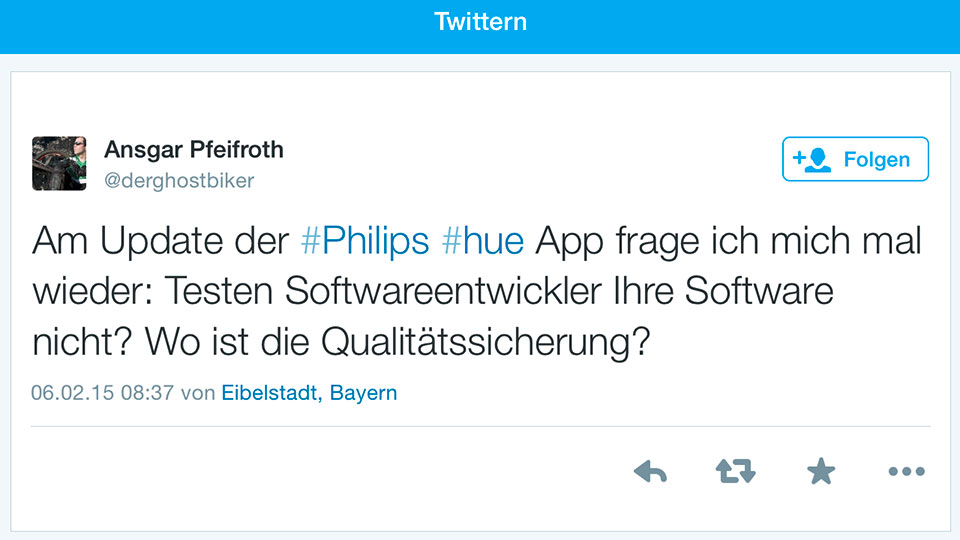 Unmut über das Update der App von Philips Hue – auf Twitter, in Foren und im AppStore.