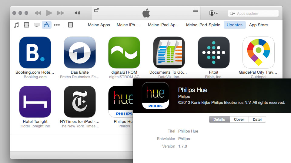 Überprüfen, ob in iTunes noch die Vorversion der Hue-App (1.7.0) vorhanden ist.