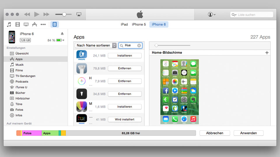 In iTunes die Vorversion der Hue-App auswählen und auf das Smartphone oder Tablet kopieren.
