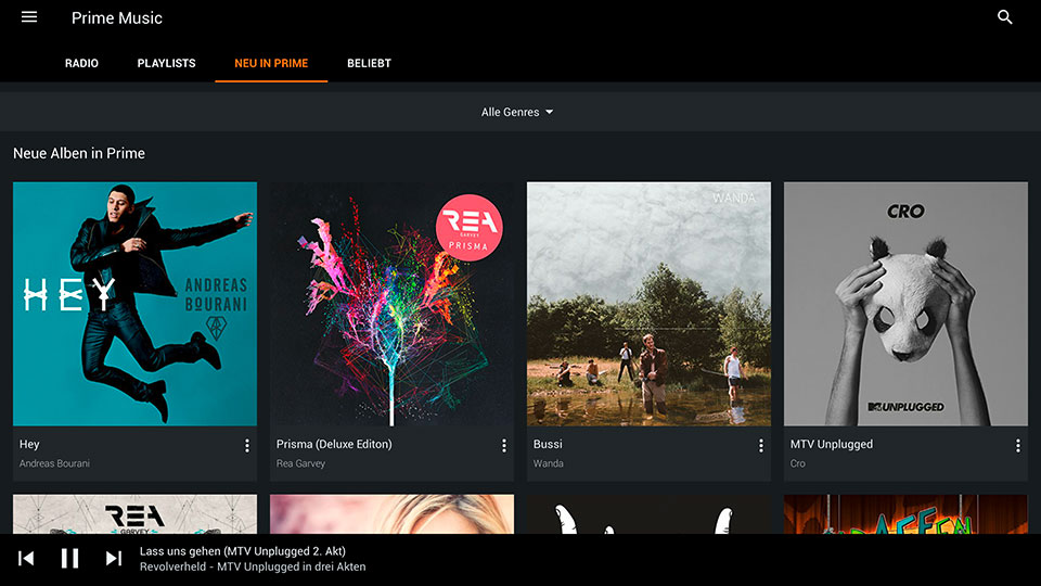 Prime Music auf einem Android-Tablet – in der App Amazon Music.