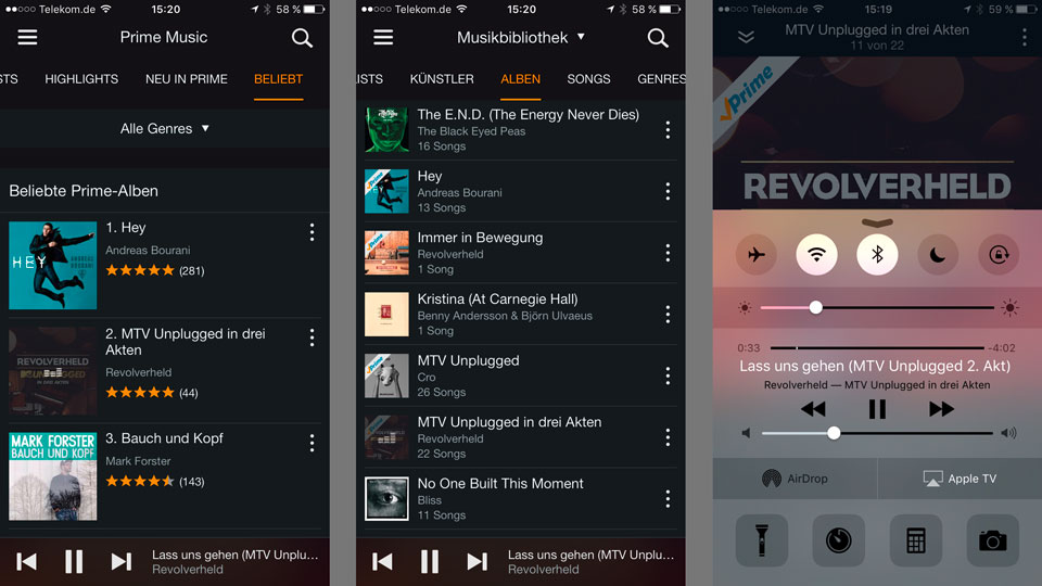 Vom iOS-Gerät gelangt Prime Music auch per AirPlay auf andere Lautsprecher.
