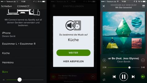 Spotify lagert die Bedienung in seine eigene App aus. Die Heos-Player erscheinen dort neben anderen Spotify Connect-tauglichen Lautsprechern als Auswahl.