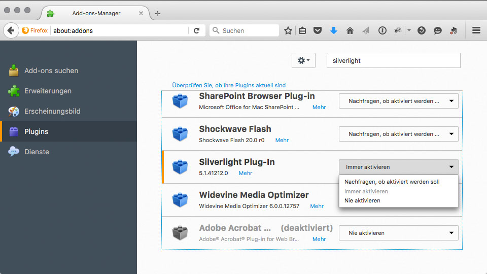 Das Silverlight-Plugin wird unter „Add-ons“ in Firefox aktiviert.