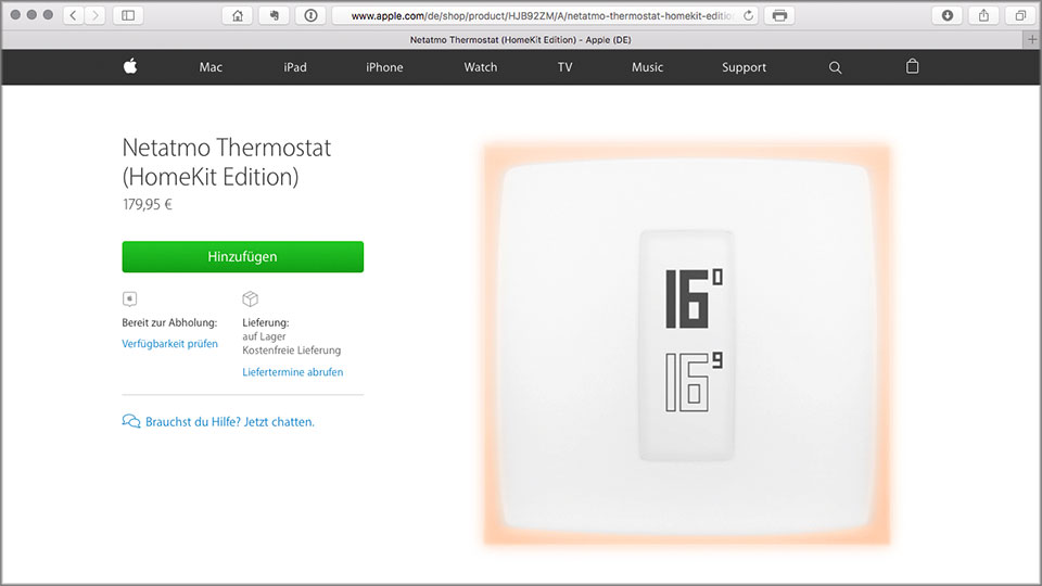 Apple verkauft in seinem Store eine „HomeKit Edition“ des Netatmo Thermostat.