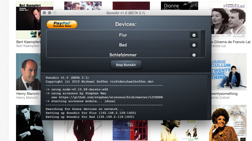 Zur AirPlay-Wiedergabe muss SonoAir auf dem Mac installiert und gestartet sein.