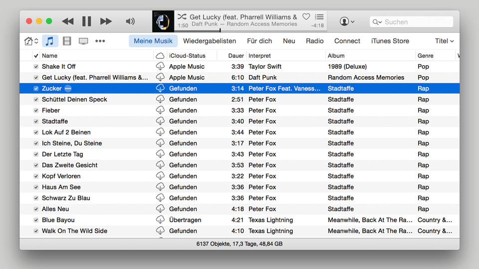 Der „iCloud-Status“ in der Titelübersicht zeigt, woher ein Song in der Online-Mediathek stammt.