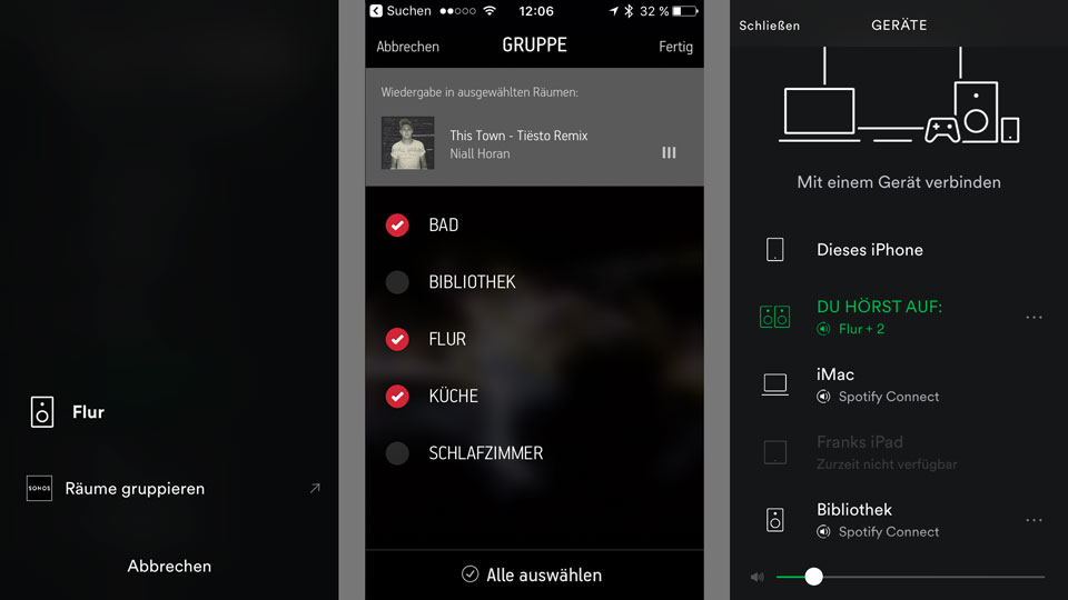 Zum Gruppieren von Lautsprecher wechselt die Spotify-App automatisch in das Sonos-Programm.