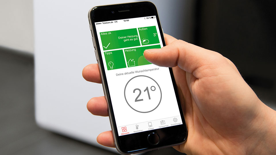 Die ViCare-App regelt Temperatur und Heizzeiten und informiert über Störungen. Bild: Viessmann