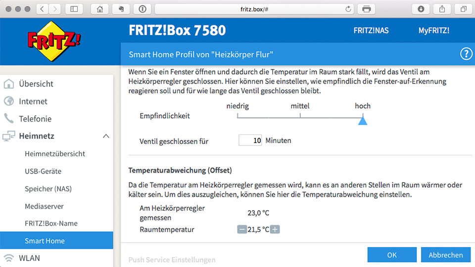 Die Temperatur-Korrektur für Heizkörperventile in der Fritz!Box ist praktisch selbsterklärend.