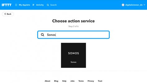 Auf den blauen Link „+that“ (dann) klicken und anschließend Sonos als „Action Service“ auswählen.