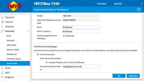 Eine Fritzbox mit FritzOS 7 schickt Push-E-Mails, wenn der Briefkasten geöffnet wird. ©digitalzimmer