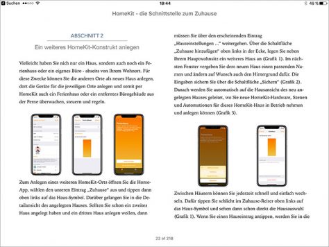 Der größere iPad-Bildschirm zeigt das HomeKit-Ebook auf Doppelseiten an.