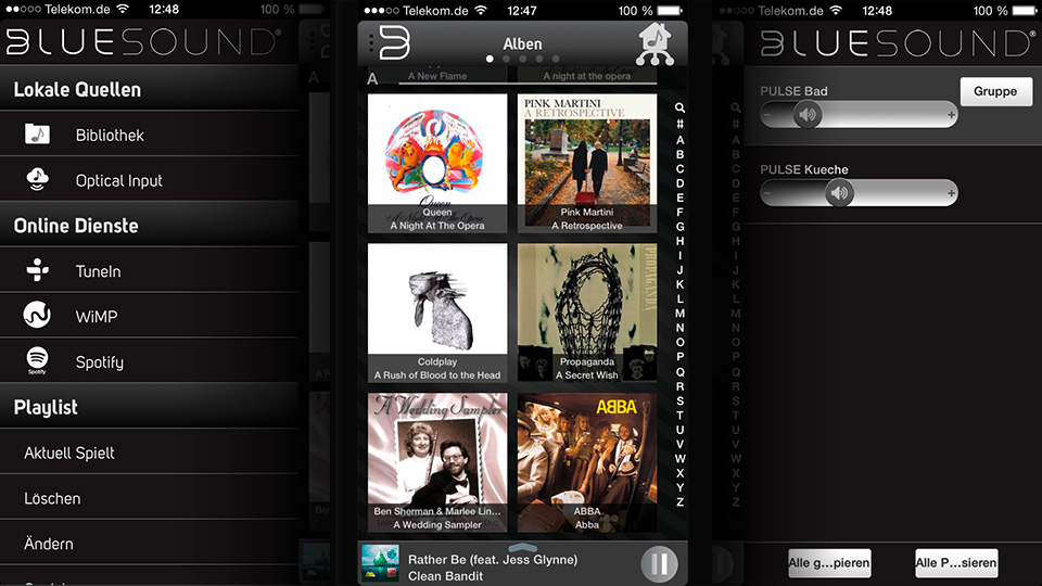 Die drei Bildschirme der Bluesound-App: Quellen-, Musik- und Player-Auswahl (v.l.n.r.)